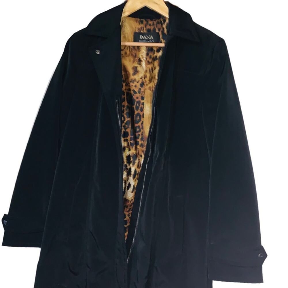 Dana Buchman Black Leopard Print Women Long Sleeve Trench Coat sz med - Picture 2 of 9